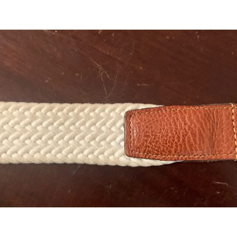 Torino Leather Woven Belt Size 42 Ivory Stretch Braid Silver Brass‎ Buckle USA